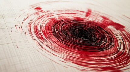 Red and black ink drawing representing seismic waves expanding from the epicenter of an earthquake on graph paper, illustrating the concept of earthquake magnitude