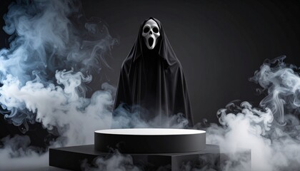 Eerie figure cloaked amidst smoky platform