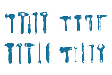 Set off tools hammer, drill, pliers and saw in black and white art silhouette form