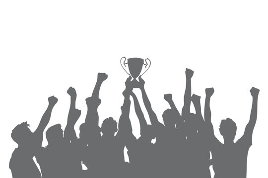 Team vector celebrating victory with passion, lifting the trophy together. Happy, energetic expression, suitable for sports poster design, tournament banner, or team victory motivation illustration.