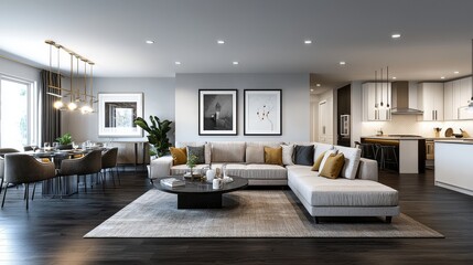 Modern luxury hotel suite living room with large sofa, dark wood floor, dining area, framed art, and natural light interior