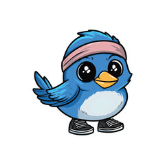 Fit Bird: A cartoon illustration of a cute bluebird, sporting a pink headband and sneakers, ready for action. This cheerful character exudes energy and a playful spirit.