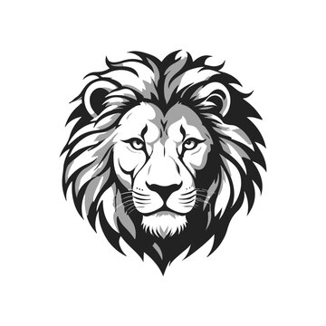 Lion's Majestic Stare: The regal lion's head, a symbol of strength and dominance, is rendered in striking monochrome tones. Its intense gaze and intricate mane capture the untamed spirit of the wild.