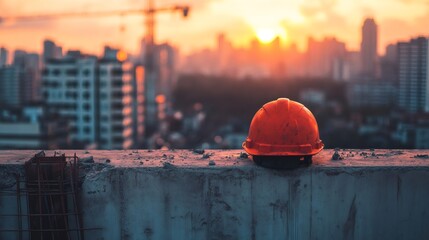 Orange hard hat sits on a concrete wall at a construction site, overlooking a cityscape bathed in the warm glow of sunset, symbolizing the end of a workday