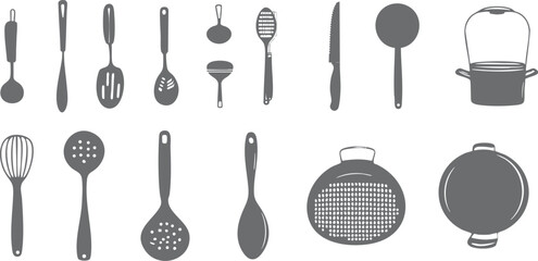Black and white vector design of cooking tools such as spatula, whisk, pan, and knife in simple line art silhouette style. Perfect for modern cooking and kitchen themed graphic projects.