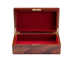 Open mahogany jewelry box with empty velvet interior isolated white top view