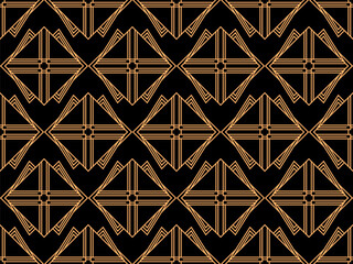 Geometric seamless pattern in line art style. Art deco geometric pattern of golden lines on a black background. Vintage linear style. Design for wallpapers, wrappers and banners. Vector illustration