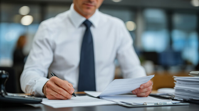 Focused businessman validating legal papers with rubber stamp, desktop filled with paperwork, digital devices, and metal clipboard in a clean, structured office environment