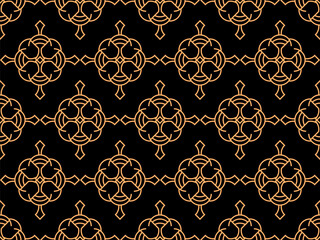 Geometric seamless pattern in line art style. Art deco geometric pattern of golden lines on a black background. Vintage linear style. Design for wallpapers, wrappers and banners. Vector illustration