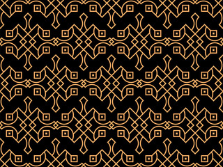 Geometric seamless pattern in line art style. Art deco geometric pattern of golden lines on a black background. Vintage linear style. Design for wallpapers, wrappers and banners. Vector illustration