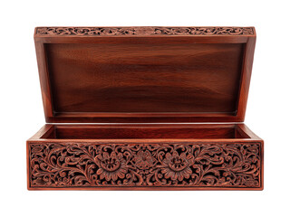 Hand-carved oriental wooden box open empty top view isolated white
