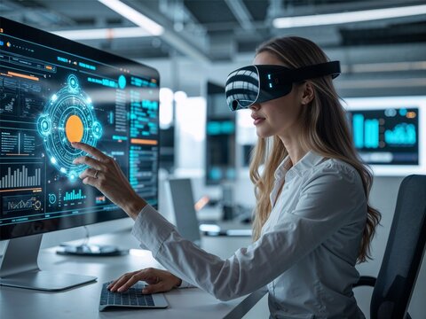 A woman in a white shirt wearing a VR headset interacts with a holographic interface on a large futuristic screen in a high-tech office environment surrounded by digital data.