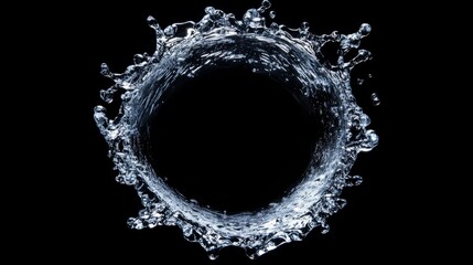 Symmetrical frozen water splash forming a circular ring, suspended in time, icy textures with detailed droplets, glowing highlights on a pure black background