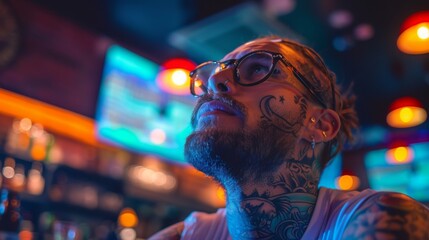 A tattooed young man gazes thoughtfully upwards in a vibrant bar setting, reflecting on life and the colorful experiences surrounding him in a lively atmosphere.