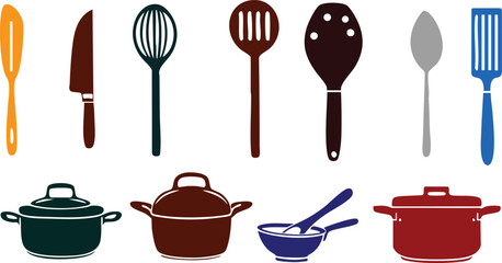 A collection of black and white cooking utensils line art silhouette vectors, including knives, spatulas, pans, and whisks. Suitable for kitchen designs, restaurant menus, culinary logos, and food inf