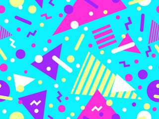 Geometric seamless pattern with memphis elements in 80s style. Colorful pattern with different geometric shapes. Design for packaging, covers, wrapping and promotional products. Vector illustration