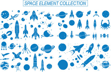 Set of hand drawn meteorites, planets and space rockets on white background.
