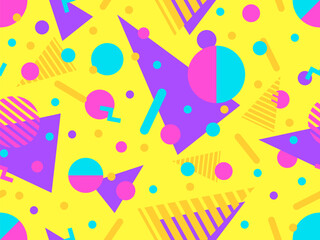Geometric seamless pattern with memphis elements in 80s style. Colorful pattern with different geometric shapes. Design for packaging, covers, wrapping and promotional products. Vector illustration