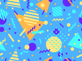 Geometric seamless pattern with memphis elements in 80s style. Colorful pattern with different geometric shapes. Design for packaging, covers, wrapping and promotional products. Vector illustration