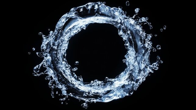 Symmetrical frozen water splash forming a circular ring, suspended in time, icy textures with detailed droplets, glowing highlights on a pure black background