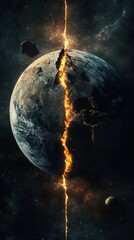Powerful seismic waves are cracking planet earth, causing a deep fiery chasm, revealing the planet's mantle and magma in a catastrophic geological event
