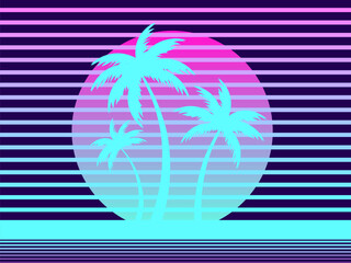 Futuristic background with palm trees and retro sun in 80s style. Palm trees on retro sunset in synthwave and retrowave style. Design for advertising brochures and banners. Vector illustration