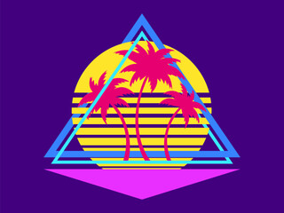 Retro futuristic sunset with palm trees and triangle in 80s style. Sci-fi palm trees at sunset in synthwave and retrowave style. Design for print, banners and posters. Vector illustration