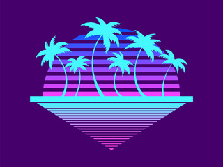 Retro futuristic sunset with palm trees and triangle in 80s style. Sci-fi palm trees at sunset in synthwave and retrowave style. Design for print, banners and posters. Vector illustration