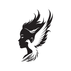 Embracing Freedom: A striking silhouette of a woman intertwines with a dove, symbolizing liberation, peace, and the unyielding spirit of the human heart. The artwork exudes a sense of freedom, unity.