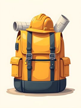 Construction backpack with hard hat and blueprints in flat art