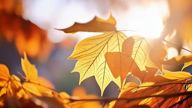 Vibrant autumn maple leaves create a warm, textured canopy in golden light, showcasing fall foliage against a bright, soft background