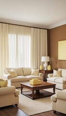 Elegant Neutral Living Room with Cream Sofas, Wooden Coffee Table, and Soft Yellow Accents