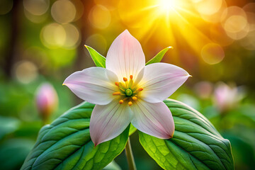 Fototapeta premium Close Up of a Delicate Pale Pink and White Summer Trillium Flower Blooming in Sunlight Green Leaves Background