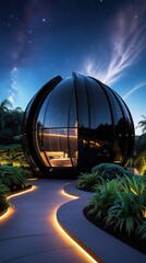 Futuristic Black Dome House Under Starry Sky – Luxury Smart Home Design Inspiration