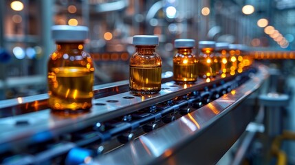 A detailed view of amber pharmaceutical vials on a conveyor belt, representing the meticulous production process of essential medications and the pharmaceutical industry at work.