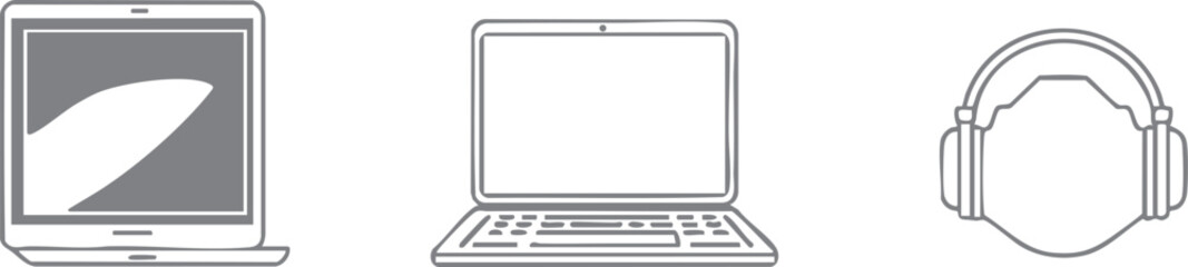 Collection of vector line art icons of electronic devices: laptops, cameras, mobile phones, and others. Minimalist and clean style, suitable for UI/UX, mobile apps, technology websites, and digital pr