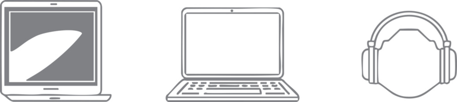 Collection of vector line art icons of electronic devices: laptops, cameras, mobile phones, and others. Minimalist and clean style, suitable for UI/UX, mobile apps, technology websites, and digital pr