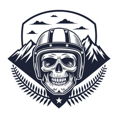A fierce biker skull, wearing a helmet, set against a majestic mountain backdrop.  Detailed, gritty texture.