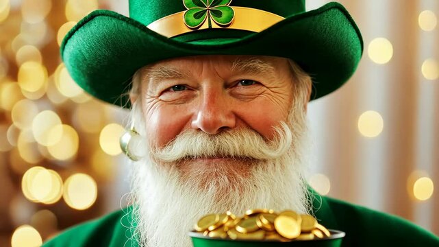 Smiling Leprechaun with Gold: A jovial leprechaun with a full white beard and mustache, smiles warmly while holding a pot overflowing with gold coins. He wears a traditional green hat and coat.
