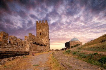 The ancient Genoese fortress in the Crimea. The Genoese fortress at sunset.Sudak city, Crimea