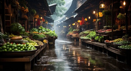 A lively market bustling with colorful fresh produce stalls reflecting local culture and community spirit, showcasing an array of fruits and vegetables in a vibrant setting.
