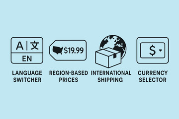 Multilingual Store Interface. Multilingual store interface. Vector illustration of language switcher, region-based prices,