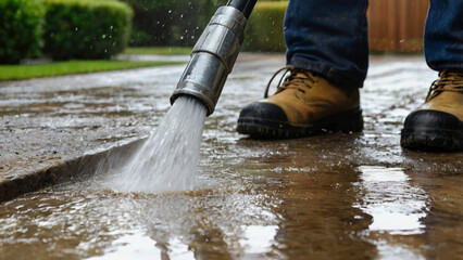 Pressure washing driveway. Close up on water splash and worker in worker boots cleaning driveway with pressure washer.	