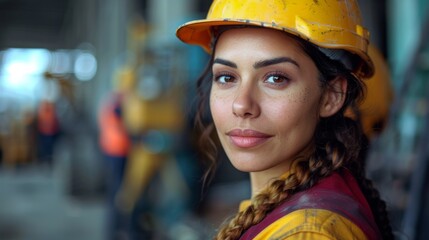 A confident woman wearing a safety helmet and work attire stands at a construction site, symbolizing empowerment and determination in traditionally male-dominated industries.