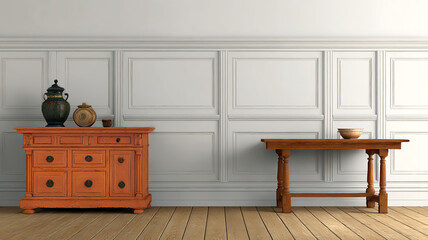 Classical interior decor showcasing the harmony of exquisite wooden furniture and ceramic vessels
