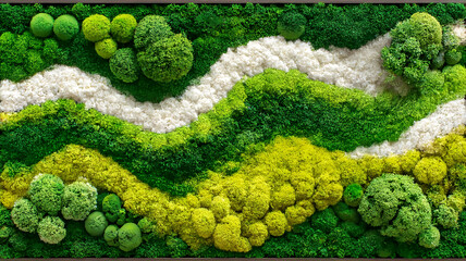 A vibrant tapestry of moss and lichen, showcasing intricate textures and hues of green and yellow