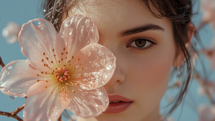 The concept of femininity, purity and innocence. The face of a beautiful natural girl with pink delicate flowers in drops of water.