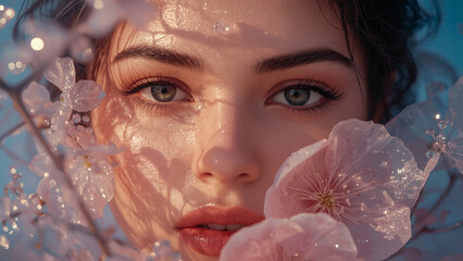 The concept of femininity, purity and innocence. The face of a beautiful natural girl with pink delicate flowers in drops of water.