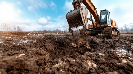 Obraz premium An excavator works diligently at a construction site, digging into the mud with its bucket as it moves earth while the sky is dotted with clouds, showcasing the construction process.