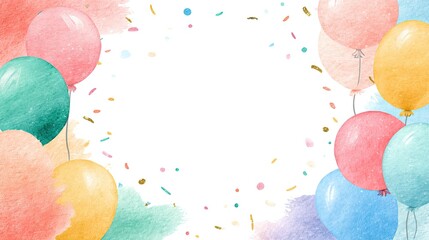 A festive watercolor background with colorful balloons and confetti, perfect for celebrations and party invitations.